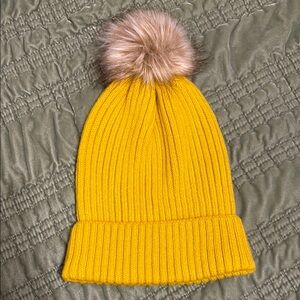 a new day Yellow Knit Beanie with Faux Fur Pom
